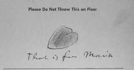 Marcel Duchamp - That Is for Maria (Please Do Not Throw This on Floor), c. 1946 - Ink and crayon on printed notepaper - 7.6×14 cm (3×5½ inches) - Private collection
