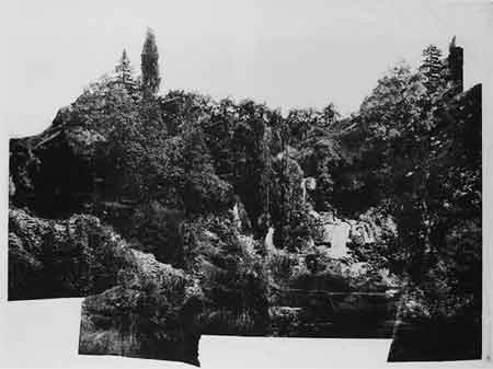 Marcel Duchamp: Landscape (study for Étant donnés: 1° la chute d'eau, 2° le gaz d'éclairage), 1959. Collotype in black ink with green oil paint on cellulose acetate silk fabric backed with paper, 63,2 × 88,9 cm.