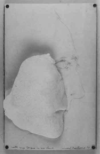 Marcel Duchamp: With My Tongue in My Cheek, 1959. Plaster and pencil on paper, mounted on wood, 25 × 14,9 × 5,1 cm.