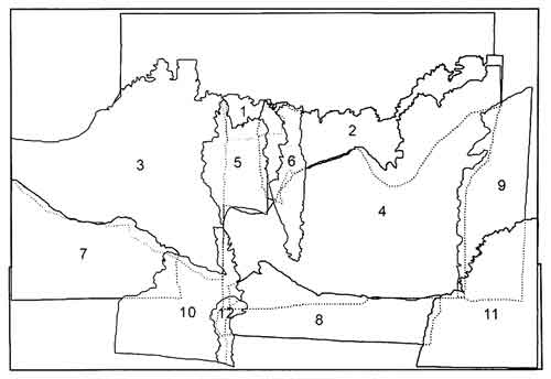 Schematic showing the arrangement of photograph fragments forming the landscape collage on plywood. The fragments are numbered in the approximate order in which Duchamp applied them to the support, as indicated by overlaps between the fragments and their relative positions. Dotted lines indicate the edges that are hidden from view.