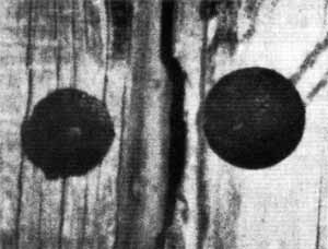 Detail view of the peepholes in the Étant donnés exterior door, reproduced in Arturo Schwarz, The Complete Works of Marcel Duchamp (New York: Abrams, 1969).