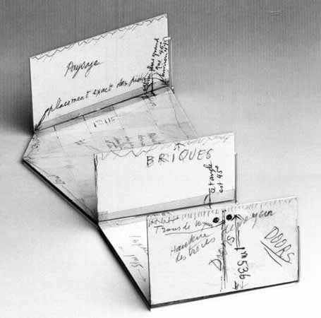 Marcel Duchamp; Folding model of Étant donnés: 1° la chute d’eau, 2° le gaz d’éclairage, c. 1966. Graphite and ballpoint pen inks on cut cardboard assembled with adhesive and clear pressure-sensitive tape, inserted into page one of the Manual of Instructions for the assembly of Étant donnés: 1° la chute d’eau, 2° le gaz d’éclairage, 1966.