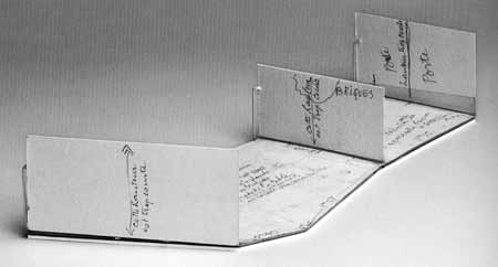 Marcel Duchamp; Folding model of Étant donnés: 1° la chute d’eau, 2° le gaz d’éclairage, c. 1966. Graphite and ballpoint pen inks on cut cardboard assembled with adhesive and clear pressure-sensitive tape, inserted into page one of the Manual of Instructions for the assembly of Étant donnés: 1° la chute d’eau, 2° le gaz d’éclairage, 1966.