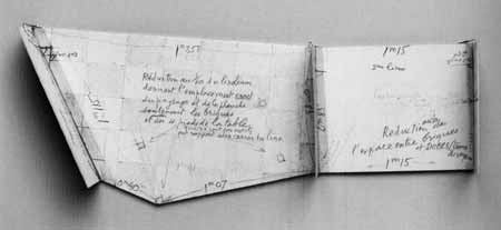 Marcel Duchamp; Folding model of Étant donnés: 1° la chute d’eau, 2° le gaz d’éclairage, c. 1966. Graphite and ballpoint pen inks on cut cardboard assembled with adhesive and clear pressure-sensitive tape, inserted into page one of the Manual of Instructions for the assembly of Étant donnés: 1° la chute d’eau, 2° le gaz d’éclairage, 1966.