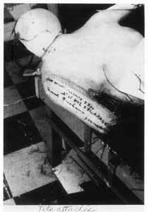 Marcel Duchamp. Polaroid photograph of the right arm of the mannequin, showing the title, date, and artist’s signature, from the Manual of Instructions, 1966.