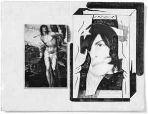 Ray Johnson. Untitled (Étant with St. Sebastian), 1992. Collage on corrugated cardboard, 21.6 x 28.4 cm. Richard L. Feigen & Co., New York.