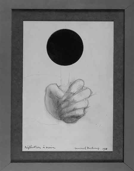 Marcel Duchamp; Réflection à main (Hand Reflection), 1948. Original painting from the deluxe edition of De ou par Marcel Duchamp ou Rrose Sélavy (Boîte-en-valise) (From or by Marcel Duchamp or Rrose Sélavy [The Box in Valise]), no. XVIII/XX. Pencil on paper with collage of a circular mirror covered by a circular cutout of black paper, mounted under Plexiglas, 23.5 × 16.5 cm. Private collection.