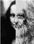 Mona/Leo, a 1987 computer generated image by Lillian F. Schwartz in which the left side of a 1512 Leonardo da Vinci self-portrait is matched to the right side of Mona Lisa’s face. 