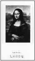 Detail of L.H.O.O.Q. rasée (L.H.O.O.Q. Shaved), a readymade by Marcel Duchamp that is a playing card of Leonardo’s Mona Lisa mounted on paper. In reproduction, as here, the only visible difference between the two works is the title and signature (here cropped out). 